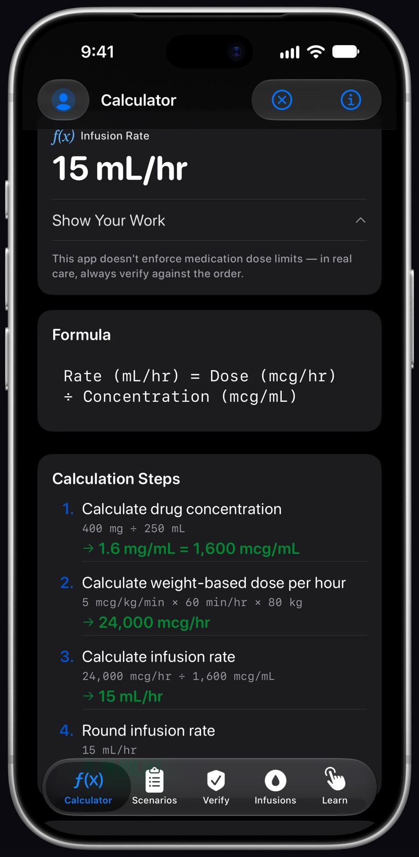 Drug Infusion calculator on iPhone 18 Pro, working a fictional rate problem and showing each calculation step